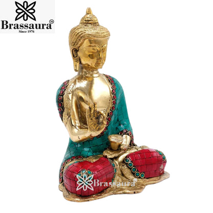 Brass Blessing Gem Stone Work Buddha Weight 2.3 kg & Height 9 Inch