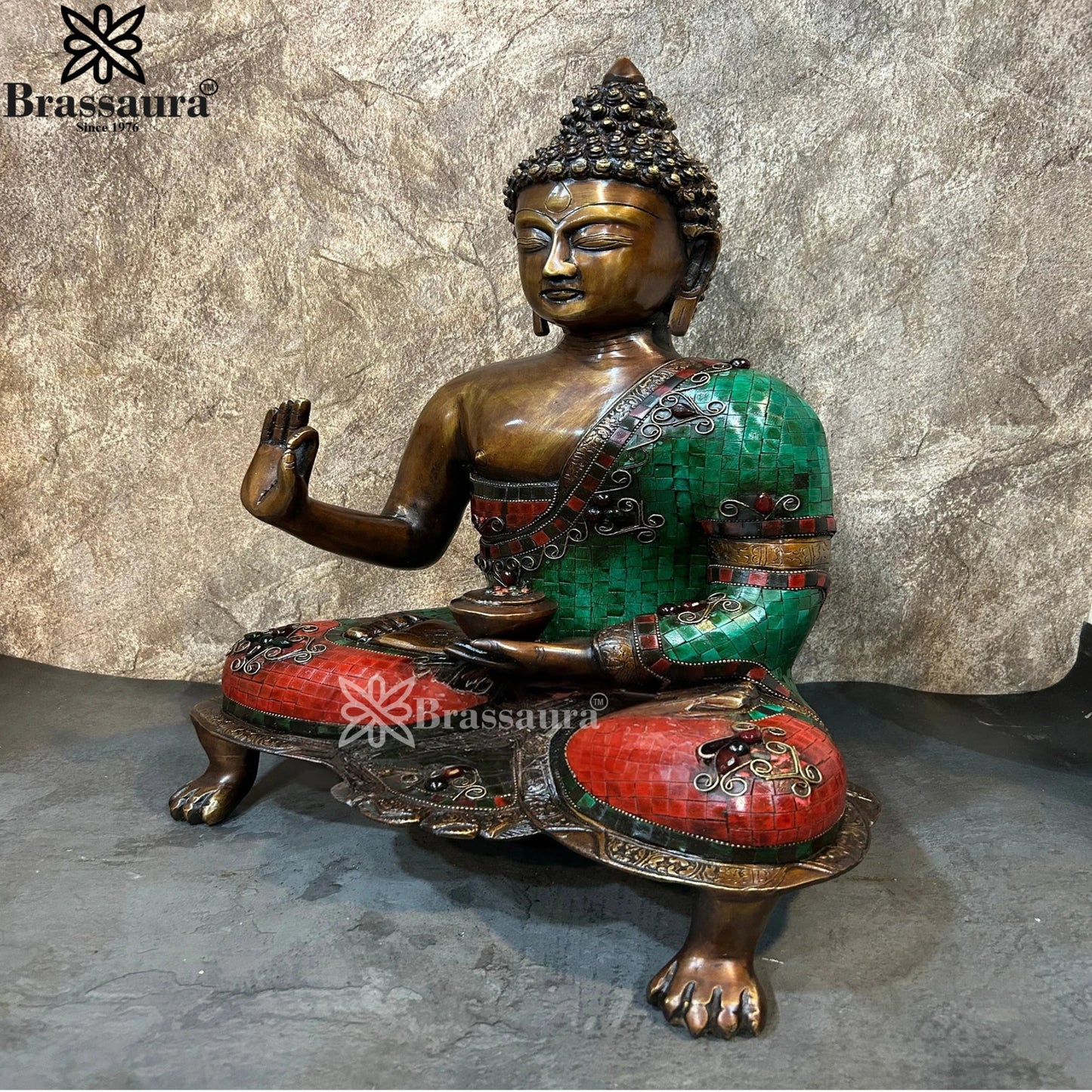 Brass Blessing Gem Stone Work Buddha Weight 11.8 kg & Height 20 Inch
