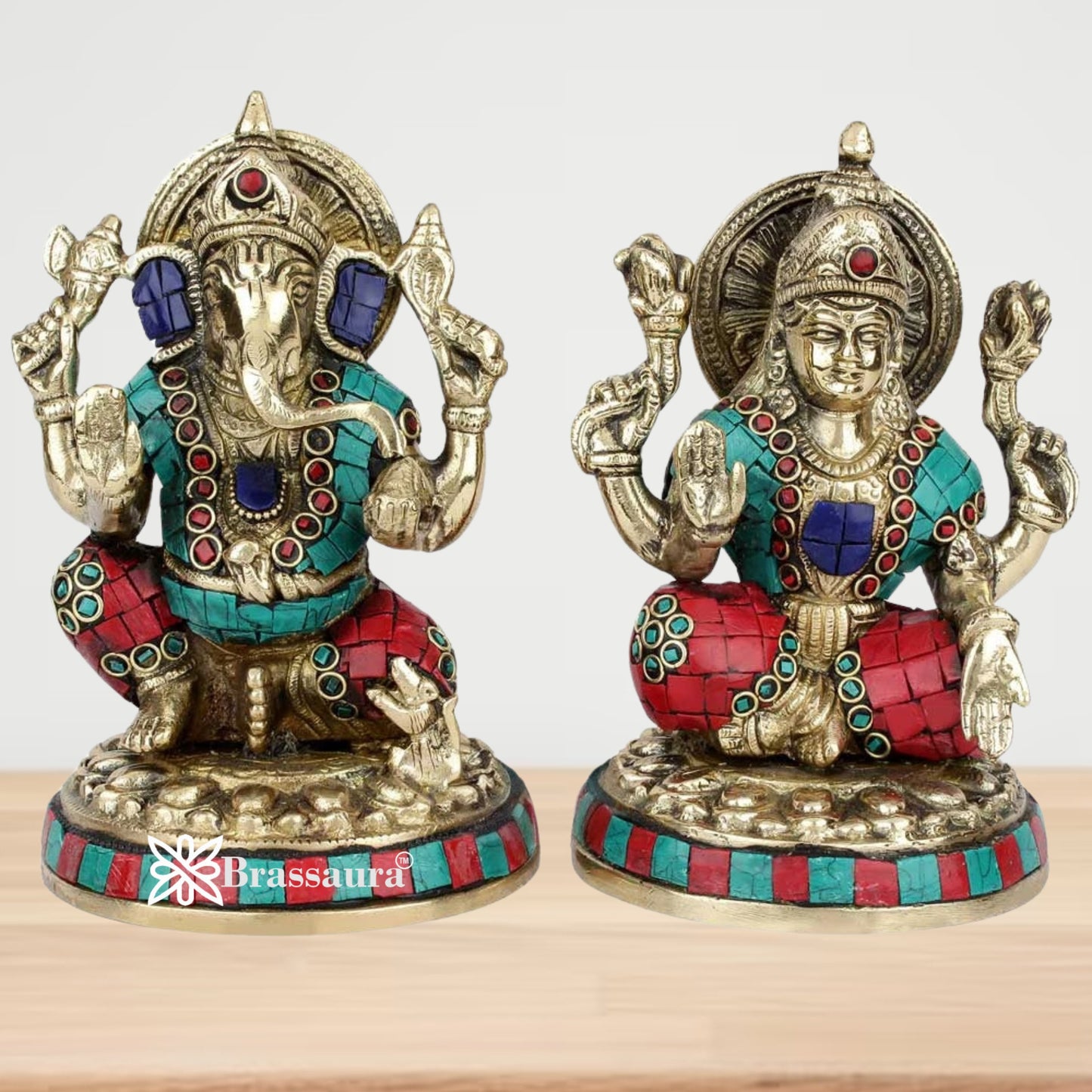 Brass Gem Stone Work Lakshmi Ganesh Weight 3.2 Kg & Height 6.5 Inch