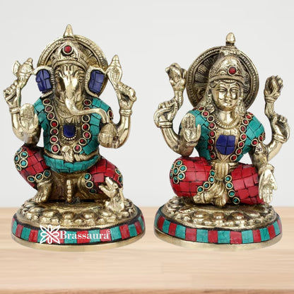 Brass Gem Stone Work Lakshmi Ganesh Weight 3.2 Kg & Height 6.5 Inch