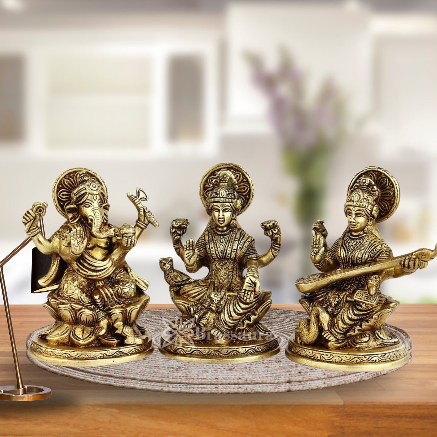 Brassaura™ Brass Laxmi Ganesha Saraswati Idol – Height 5 Inches & Weight 2.8 Kgs | Temple & Home Statue