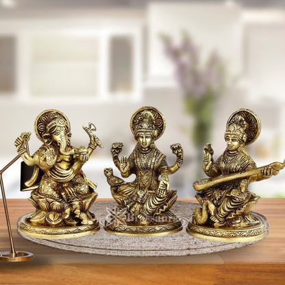 Brassaura™ Brass Laxmi Ganesha Saraswati Idol – Height 5 Inches & Weight 2.8 Kgs | Temple & Home Statue