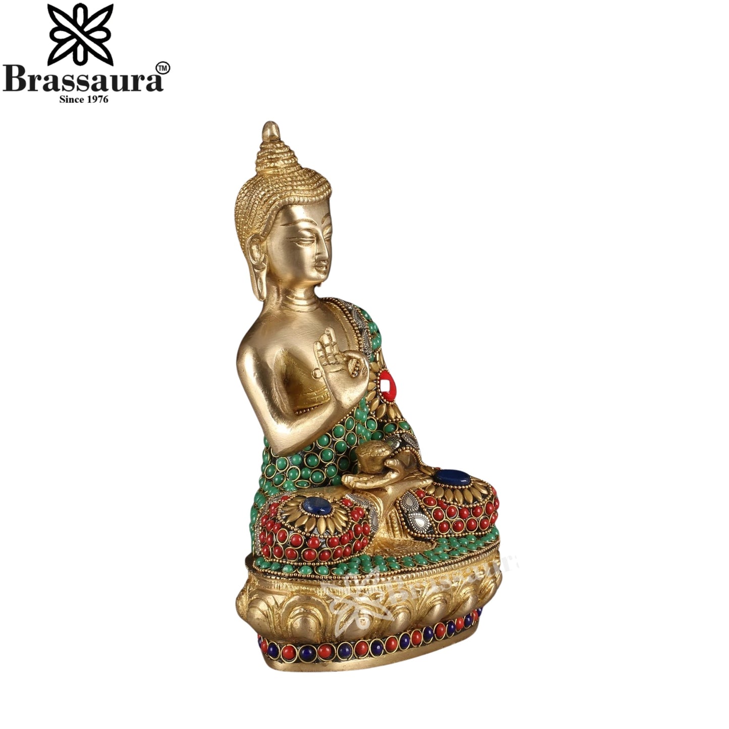 Brass Blessing Gem Stone Work Multicolored Buddha Weight 3 kg & Height 9 Inch
