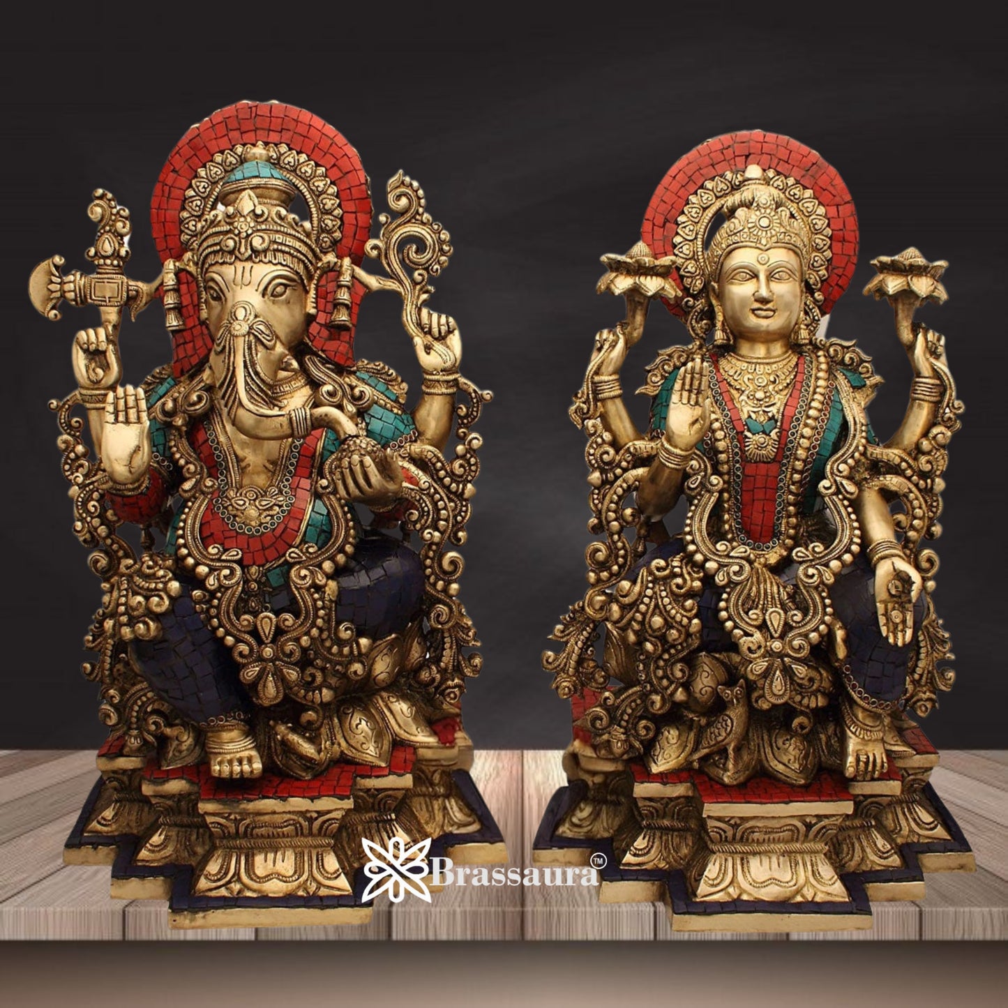 Brass Gem Stone Work Lakshmi Ganesh Weight 38 Kg & Height 19 Inch