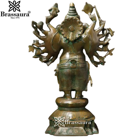 ब्रासौर® दुर्लभ 16-हाथों वाली गणेश पीतल की मूर्ति विंटेज फ़िनिश के साथ | शुद्ध पीतल | ऊंचाई 19 इंच