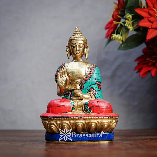 Brass Blessing Gem Stone Work Buddha Weight 1 kg & Height 7 Inch