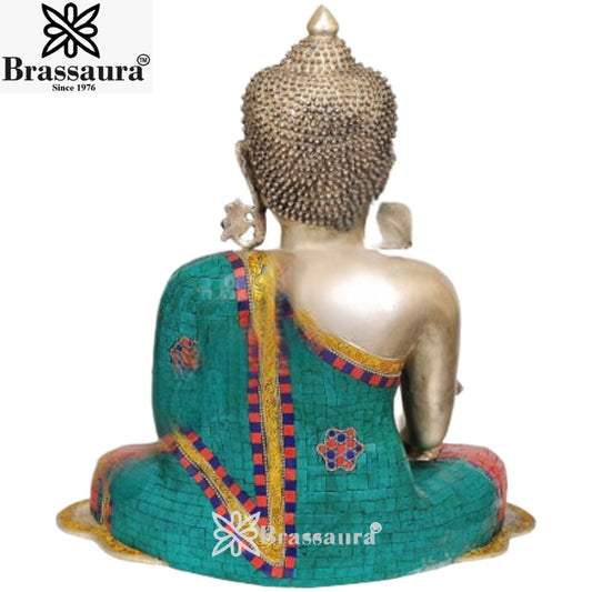 Brassaura® Buddha Sitting in Blessing Mudra Idol with Gem Stone Work Finish | Pure Superfine Brass Handcrafted Murti | Brass Statue for Home Temple, Pooja Room | Height 18 Inches | Weight 18 Kgs