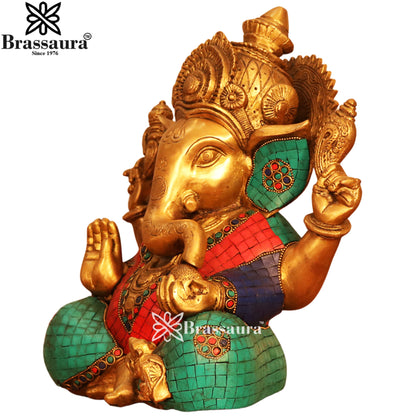 Brass Gem Stone Work Ganesha Statue Weight 9.1 Kg & Height 12.5 Inch