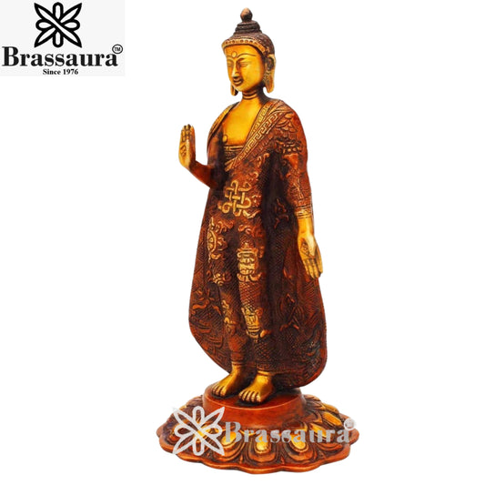Brassaura® Standing Buddha Idol for Home & Décor | Pure Superfine Brass Handcrafted Murti, Brass Statue for Home Temple, Pooja Room | Height 11 Inches | Weight 2.2 Kg