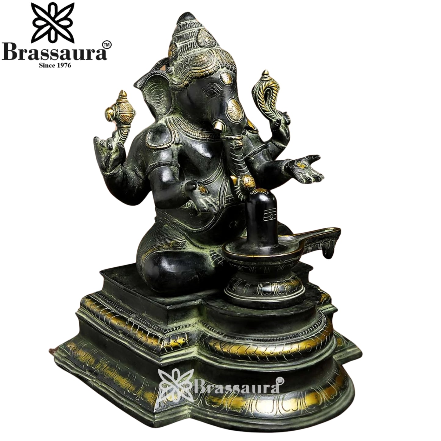 Brass Ganesha With Shivling Statue Weight 10.5 Kg And Height 14.5 Inch