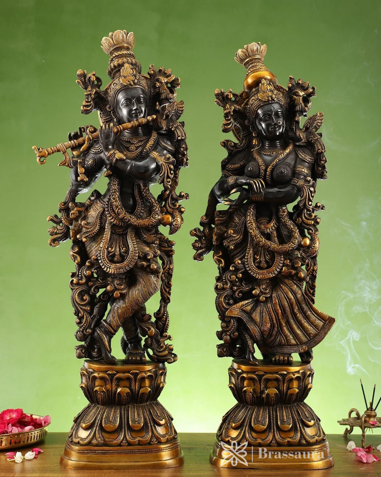 Brassaura™ Handmade Brass Radha Krishna Idol Pair with Black & Golden Finish – Height 29 Inches & Weight 32 Kgs | Devotional Statue