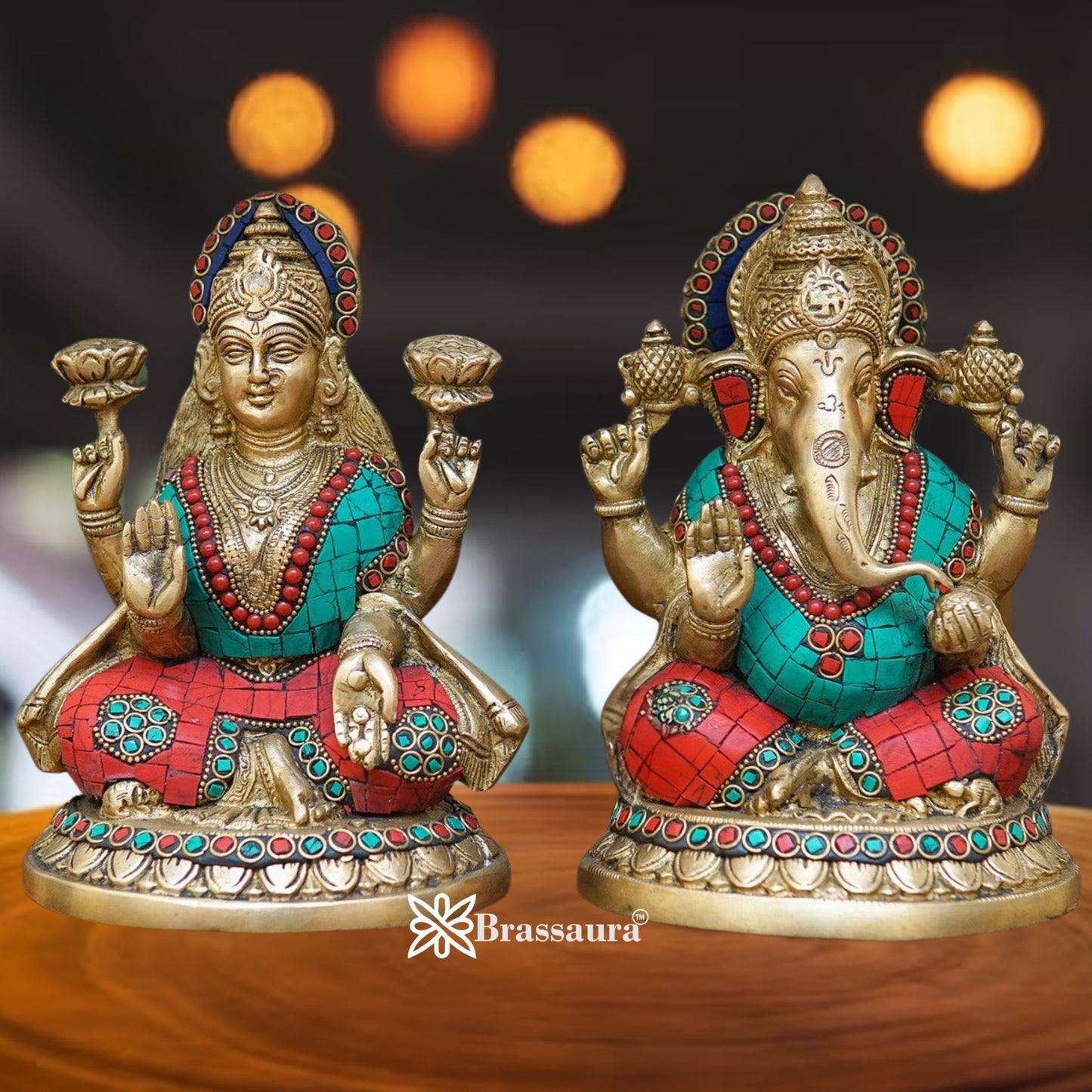 Brass Gem Stone Work Lakshmi Ganesh Weight 5.4 Kg & Height 8 Inch