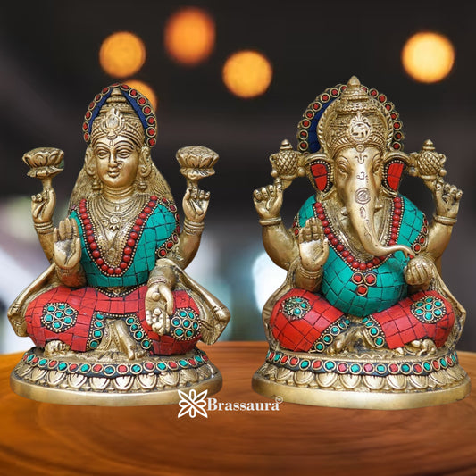 Brass Gem Stone Work Lakshmi Ganesh Weight 5.4 Kg & Height 8 Inch