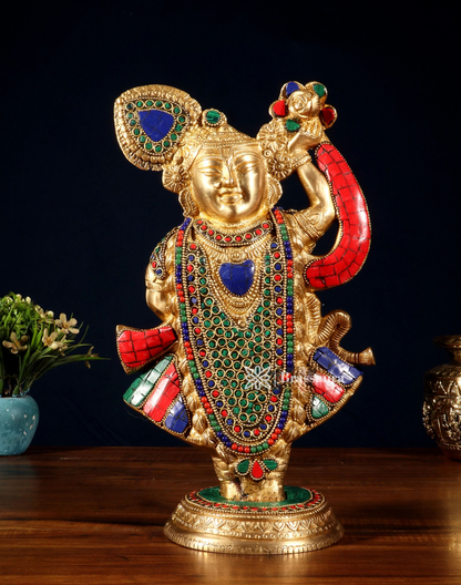 BrassAura™ Brass Lord Shrinath Ji Statue – Golden Finish with Pichwai Meenakari Work | Height 13 Inch | Weight 4.5 Kg
