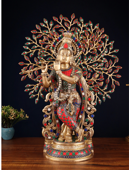 Brassaura™ Brass Krishna under Kalpavriksha with Stonework – Height 23 Inches & Weight 14.5 Kgs