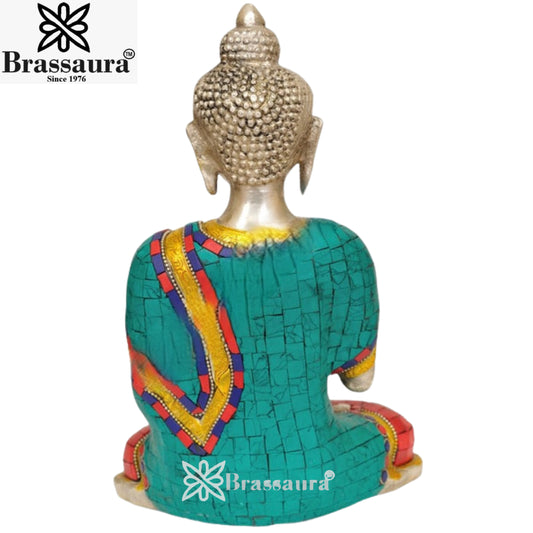Brassaura® Brass Blessing Gem Stone Work Buddha Statue – Pure Superfine Brass Handcrafted Murti, Brass Statue for Home Temple, Pooja Room – 10 Inch, 4 Kg