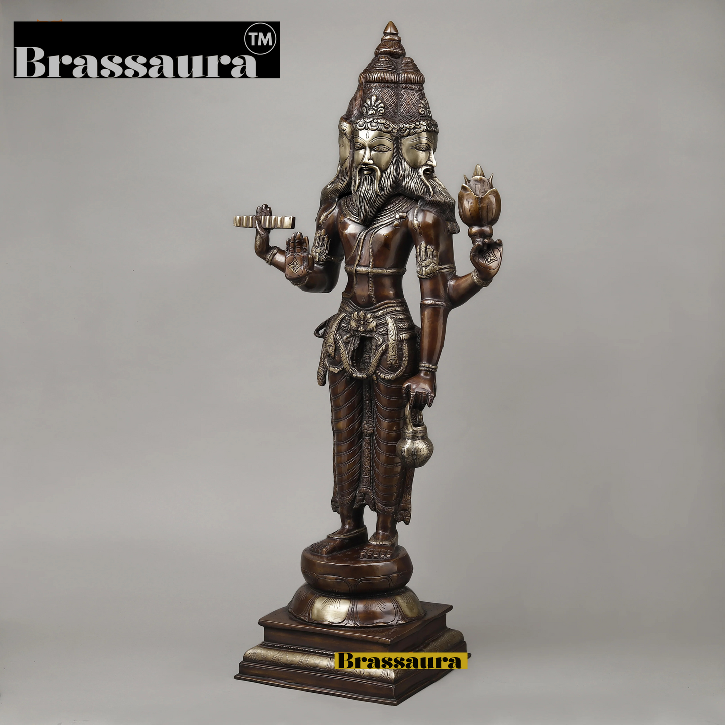 Brassaura™ Brass Brahma Dev Idol – Height 39 Inches & Weight 29.45 Kgs | Elegant Brass Deity Idol for Spiritual Ambience