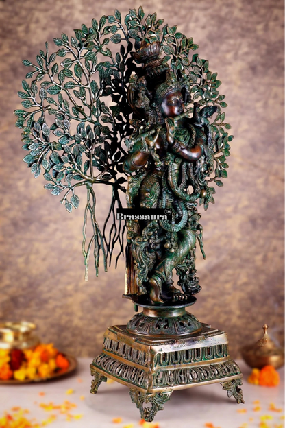 Brassaura™ Krishna Muralidhari Brass Idol – Height 35" | Weight 31 Kgs | Antique Gold Finish