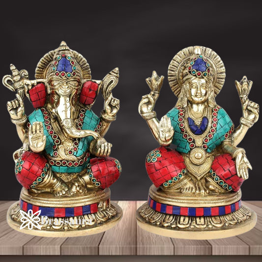 Brass Gem Stone Work Lakshmi Ganesh Weight 6.2 kg & Height 8.5 Inch