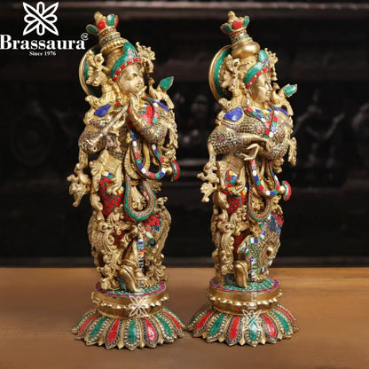 Brass Gem Stone Work Radha Krishna Murti Weight 37.62 Kg And Height 26 Inch