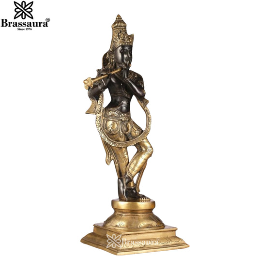 Brassaura® Black & Gold Lord Krishna Brass Idol | Handcrafted Krishna Playing Flute Statue for Home Temple, Living Room & Luxury Décor | Height 28 Inches | Weight 18 Kg