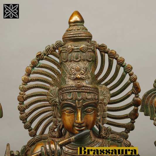 Brassaura® Lord Krishna Playing Flute Idol with Green Algae Finish | Pure Superfine Brass Handcrafted Murti | Brass Statue for Home Temple, Pooja Room, Spiritual Décor & Luxury Gifting | Height 24 Inches | Weight 13.05 Kg