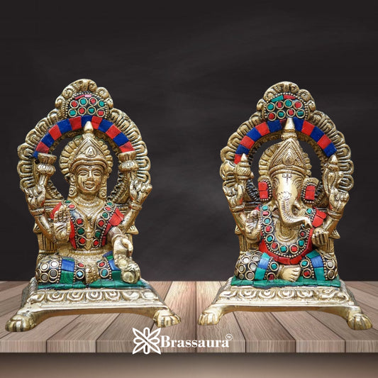 Brass Gem Stone Work Lakshmi Ganesh Weight 3 Kg & Height 6 Inch
