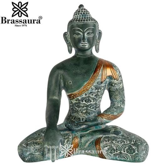 Brassaura® Buddha Bhumisparsha Mudra Sitting Idol with Antique Green & Gold Finish | Pure Superfine Brass Handcrafted Murti | Brass Statue for Home Temple, Pooja Room | Height 11 Inches | Weight 4.7 Kgs