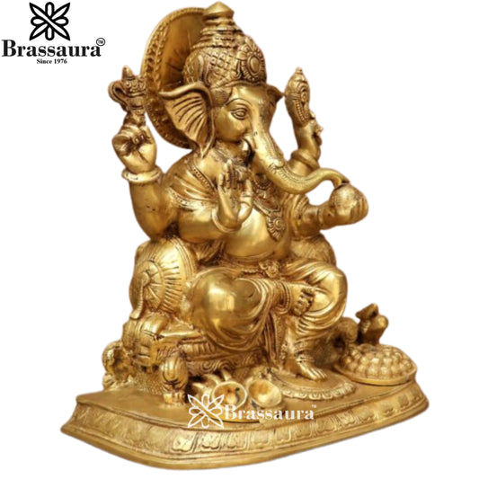 Brassaura® Golden Ganesha with Laddu Thali Brass Idol | Festive Offering Design | Height 13 Inches