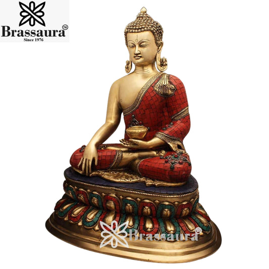 Brassaura® Classic Gem Stone Work Buddha Idol for Home & Décor | Pure Superfine Brass Handcrafted Murti, Brass Statue for Home Temple, Pooja Room | Height 22 Inches | Weight 18 Kg