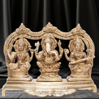 Brassaura™ Artistic Brass Laxmi Ganesha Saraswati Idol – Height 7 Inches & Weight 3.8 Kgs | Spiritual Home Décor