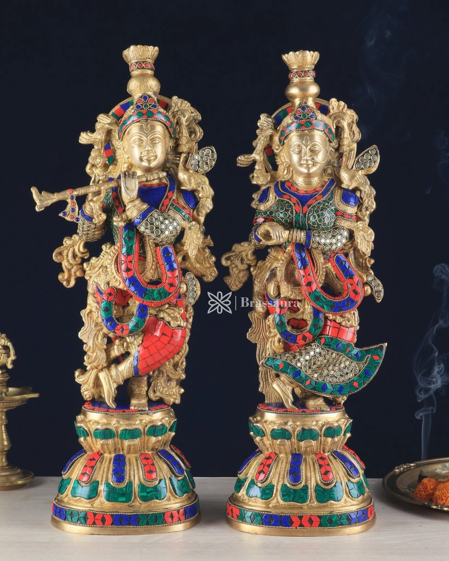Brassaura™ Pure Brass Radha Krishna Statue with Brass Rings & Stones – Height 21 Inches & Weight 18 Kgs | Elegant Devotional Idol