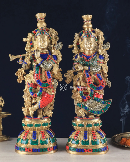 Brassaura™ Pure Brass Radha Krishna Statue with Brass Rings & Stones – Height 21 Inches & Weight 18 Kgs | Elegant Devotional Idol