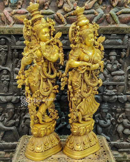Brassaura™ Pure Brass Radha Krishna Idols – 30 Inch Height, 35 Kg Pair | Serene & Blissful Home Decor