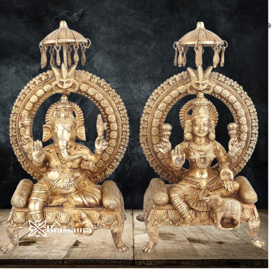 Brassaura® Lakshmi Ganesha Brass Idol Set | Royal Handmade Divine Murti Pair | Height 18 Inches
