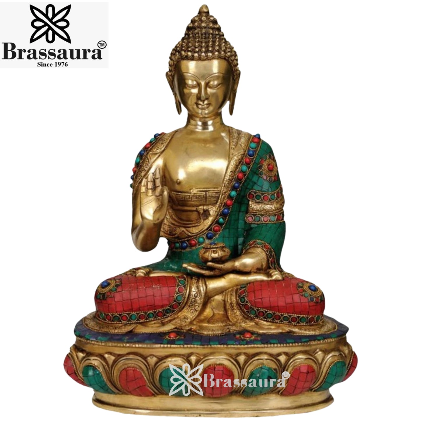 Brass Blessing Gem Stone Work Buddha  Weight 11 kg & Height 17.5 Inch