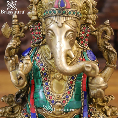 Brass Gem Stone Work Lotus Ganesha Weight 5.36 Kg & Height 12 Inch