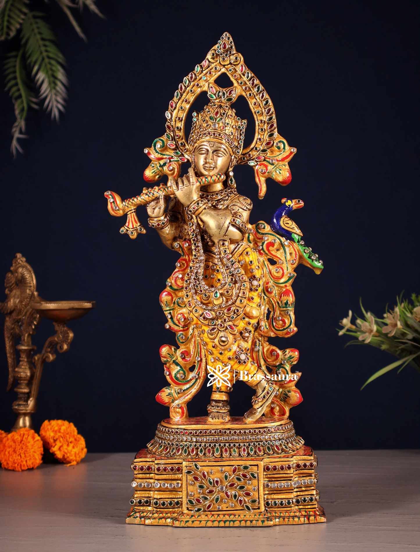 BrassAura™ Pure Brass Lord Krishna Statue – Laakh Meenakari Work | Height 13.5 Inch | Weight 3.3 Kg