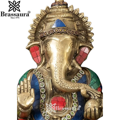 Brass Gem Stone Work Ganesha Statue Weight 8.96 Kg And Height 13.75 Inch