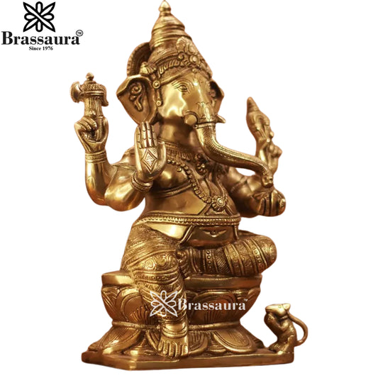 Brassaura® महाराज गणेश बैठे पीतल की मूर्ति | शाही आशीर्वाद स्वरूप | ऊंचाई 12.5 इंच
