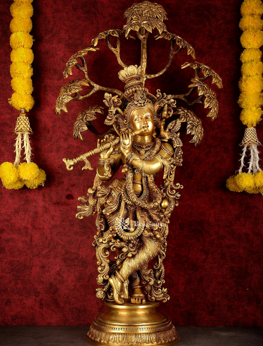Brassaura® Superfine Brass Lord Krishna Under Kalpavriksha Tree Statue | Handcrafted Krishna Playing Flute Murti | Home Temple, Spiritual Décor & Luxury Gifting | Height 35 Inches | Weight 32 Kg