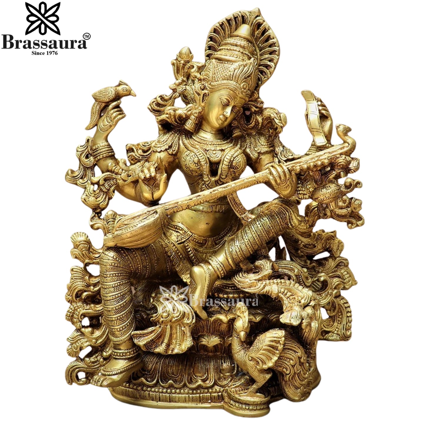Brassaura™ Brass Saraswati Idol – Height 16 Inches & Weight 15 Kgs | Hindu Goddess Statue