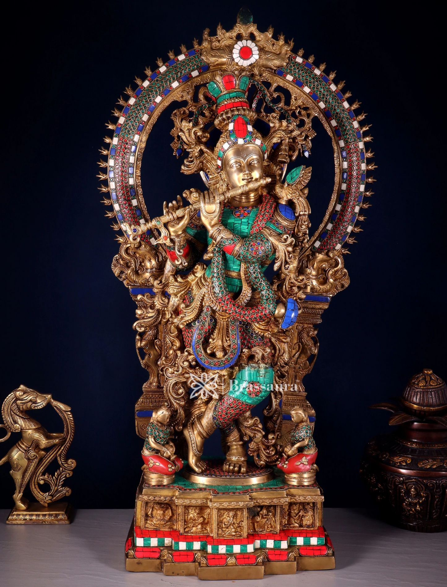 BrassAura™ Pure Superfine Brass Krishna Statue with Large Prabhavali Frame – Intricate Stonework | Height 33 Inch | Weight 35 Kg