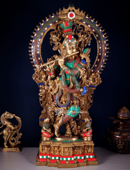 BrassAura™ Pure Superfine Brass Krishna Statue with Large Prabhavali Frame – Intricate Stonework | Height 33 Inch | Weight 35 Kg