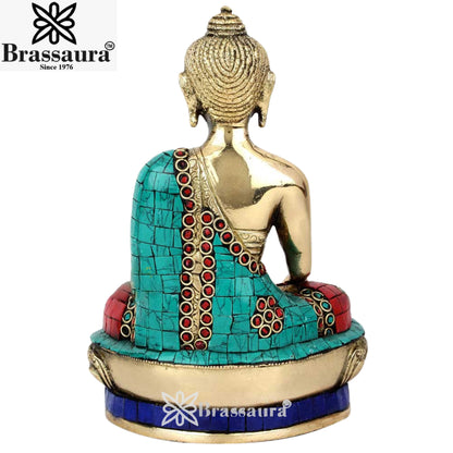 Brass Bhumisprasa Gem Stone Work Buddha Weight 2.2 Kg & Height 8 Inch