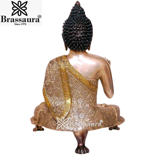 Brassaura® Buddha Sitting in Blessing Mudra Idol with Antique Finish | Pure Superfine Brass Handcrafted Murti | Brass Statue for Home Temple, Pooja Room | Height 20 Inches | Weight 11 Kgs