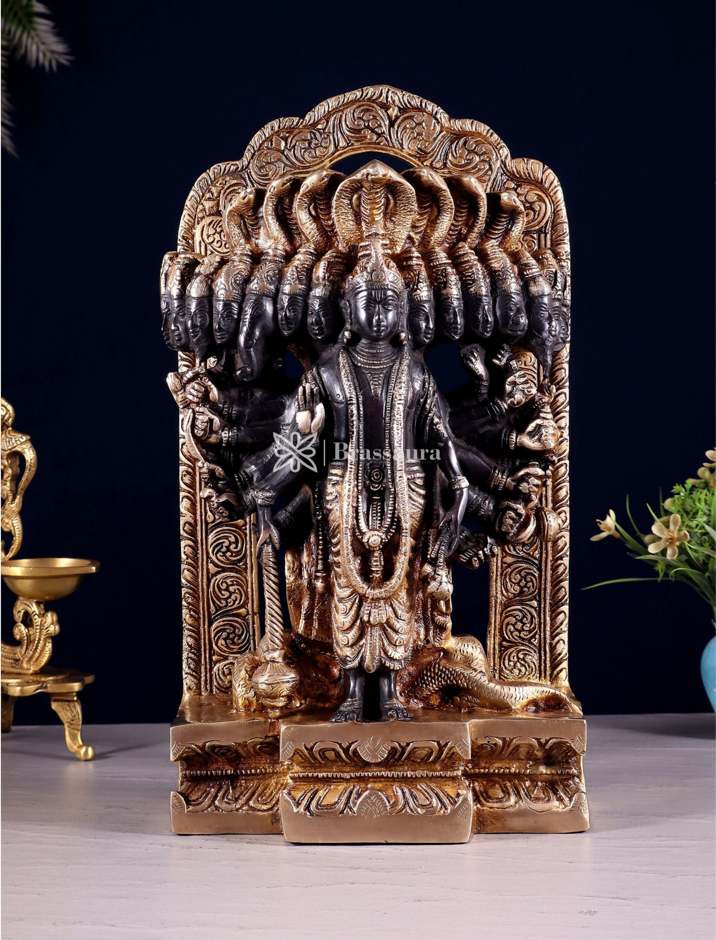 Brassaura™ Brass Vishwaroopam Lord Vishnu Statue – Height 14.5 Inches & Weight 9.5 Kgs | Black & Golden Finish