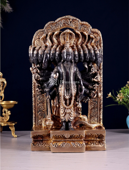 Brassaura™ Brass Vishwaroopam Lord Vishnu Statue – Height 14.5 Inches & Weight 9.5 Kgs | Black & Golden Finish