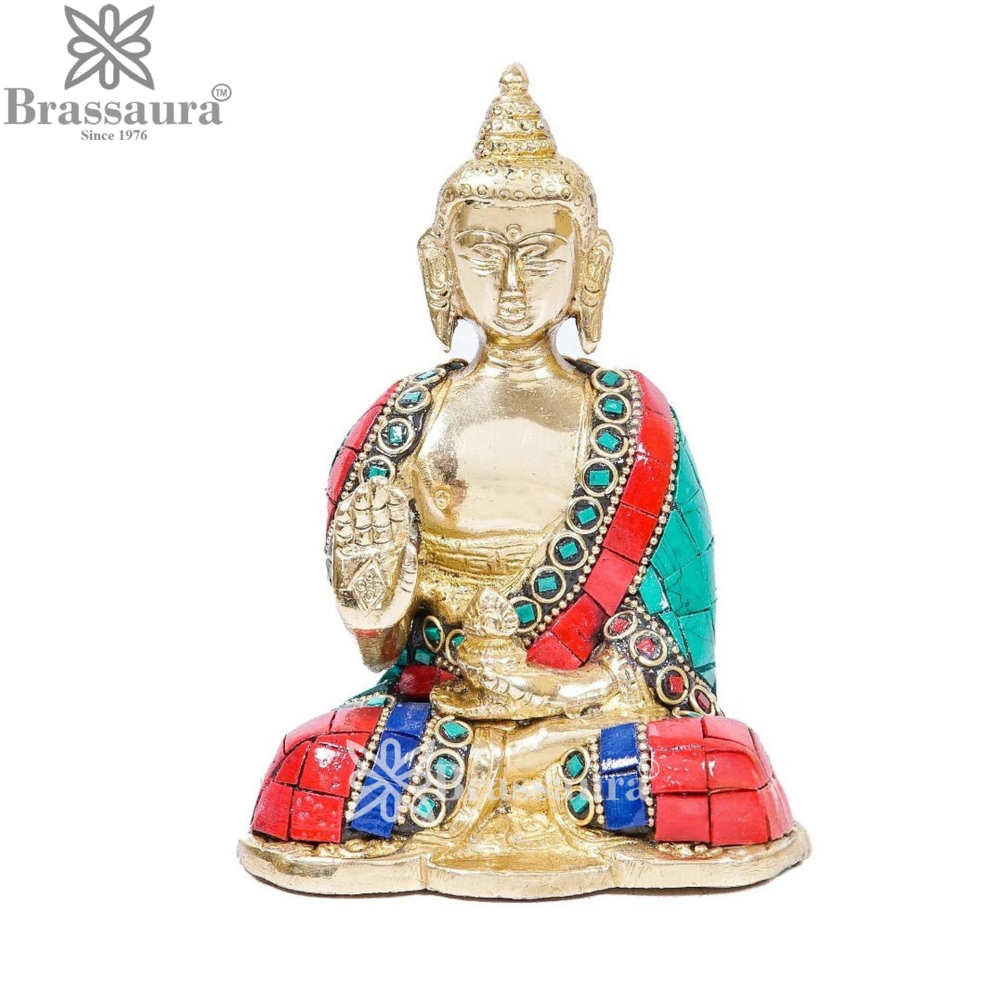 Brass Blessing Gem Stone Work Buddha Weight 0.65 kg & Height 5 Inch