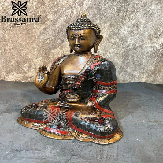 Brassaura® Buddha Sitting in Blessing Mudra Idol with Red & Black Gem Stone Work Finish | Pure Superfine Brass Handcrafted Murti | Brass Statue for Home Temple, Pooja Room | Height 11.5 Inches | Weight 5.3 Kgs
